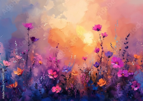 field flowers sun background scary color floating bouquets pink gorgeous brush strokes random tall soft light