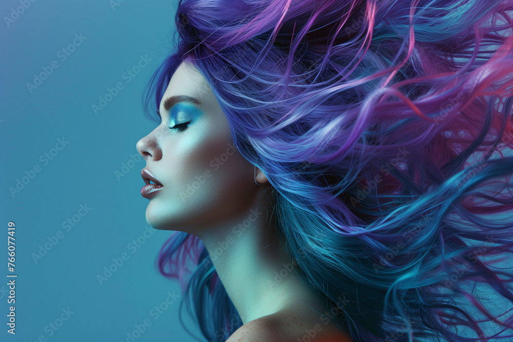 A woman with purple hair is the main focus of the image. The hair is long and flowing, giving the impression of movement and freedom. The woman's face is also prominent, with a smile A woman with purple hair is the main focus of the image. The hair is long and flowing, giving the impression of movement and freedom. The woman's face is also prominent, with a smile