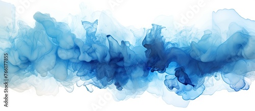 Electric blue paint swirling in water against a white background resembles cumulus clouds in a mesmerizing art pattern, evoking a meteorological phenomenon