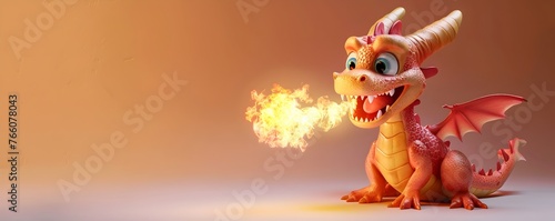 Excited Mythical Dragon Creature Blowing Tiny Fiery Flame on Isolated Background