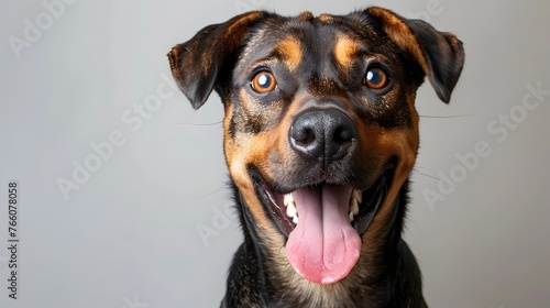 Rottweiler Dog with Tongue Out Ready for Adventure on White Background © Thares2020