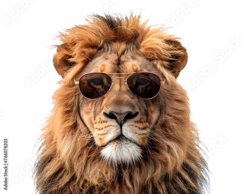 Confident Lion Wearing Sunglasses in White Backdrop Showcasing the King of the Jungle Concept