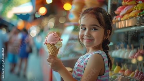 A sweet little female child is purchasing ice cream from a street seller depicting summer fun and space, Generative AI.