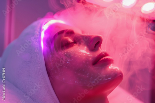 A woman is lying down with a towel over her head. She is in a spa and is getting a facial treatment. Led lights. Led therapy. 