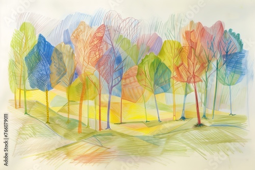brightly colored drawing forest trees background dreamlike light incidence volumetric lighting green hill sunbeams illustration warm rendition autumn bare store