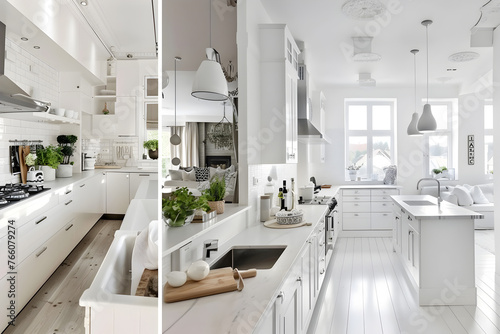Modern kitchen, white kitchen, white furniture.