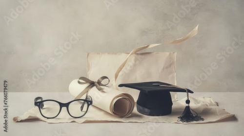 Vintage-style still life of graduation items including a cap, diploma with ribbon, and round glasses on a draped cloth with a soft beige background.