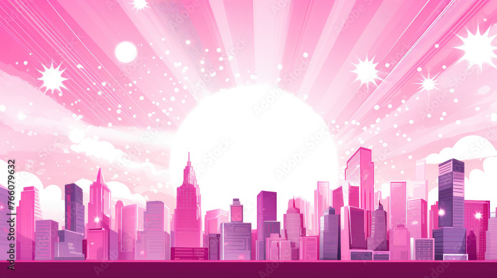 Downtown cityscape with heart shape pink sun ray sun burst comic halftone retro design. Summer design. Valentine love and romance concept Downtown cityscape with heart shape pink sun ray sun burst comic halftone retro design. Summer design. Valentine love and romance concept