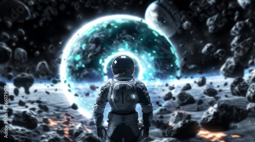 an astronaut with a dark black spacesuit staring at a giant dark Grey and light blue color Planet, cinematic shot wide angle