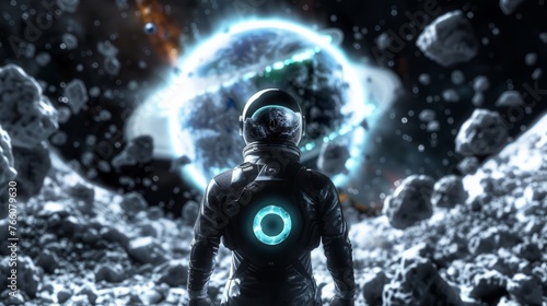 an astronaut with a dark black spacesuit staring at a giant dark Grey and light blue color Planet, cinematic shot wide angle © CLOXMEDIA