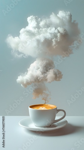 Dreamy Coffee Cup Imagining Whipped Cream Clouds on White Background