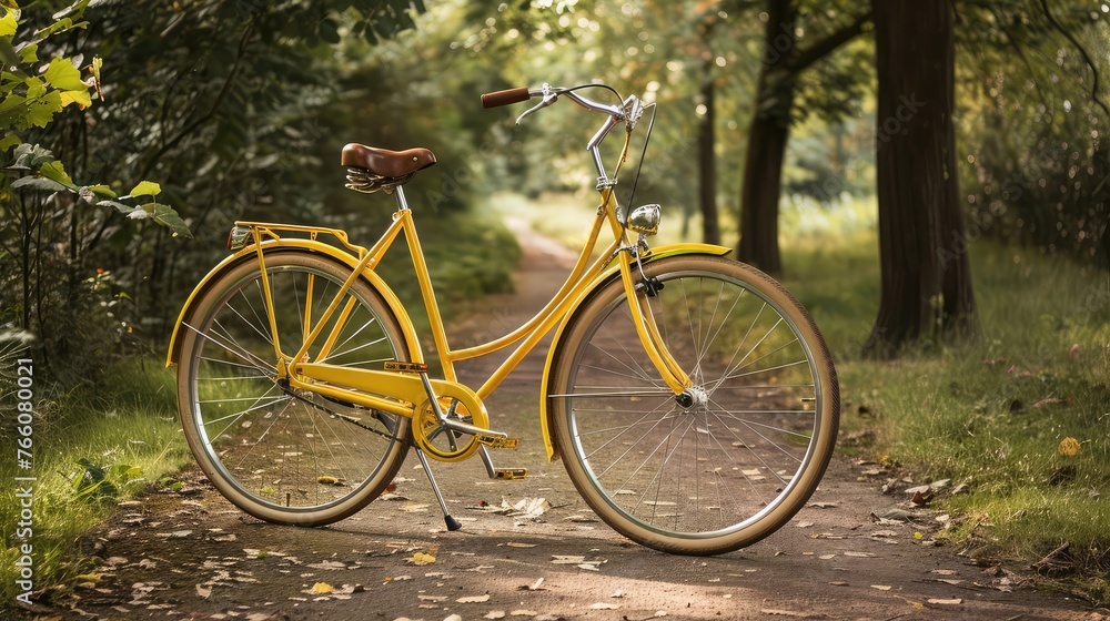 a y ellow vintage, classic bicycle in a lovely park with text addition room, World Bicycle Day
