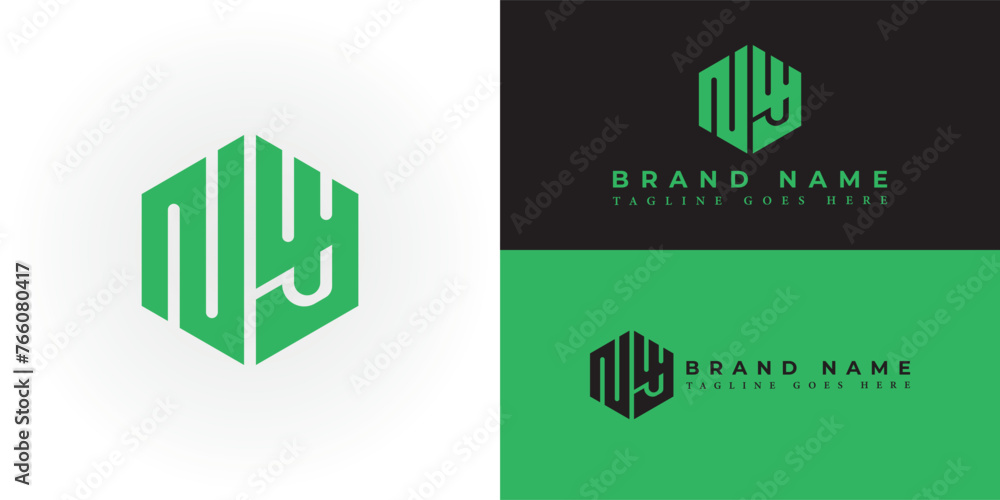 Abstract initial letter NY or YN logo in hexagon shape green color isolated on multiple backgrounds. Letter NY hexagon logo applied for Golf course management company logo design inspiration template - obrazy, fototapety, plakaty 