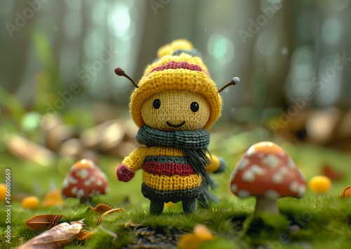 knitted toy standing grass small forest ants classical happy brave magical cuteness society