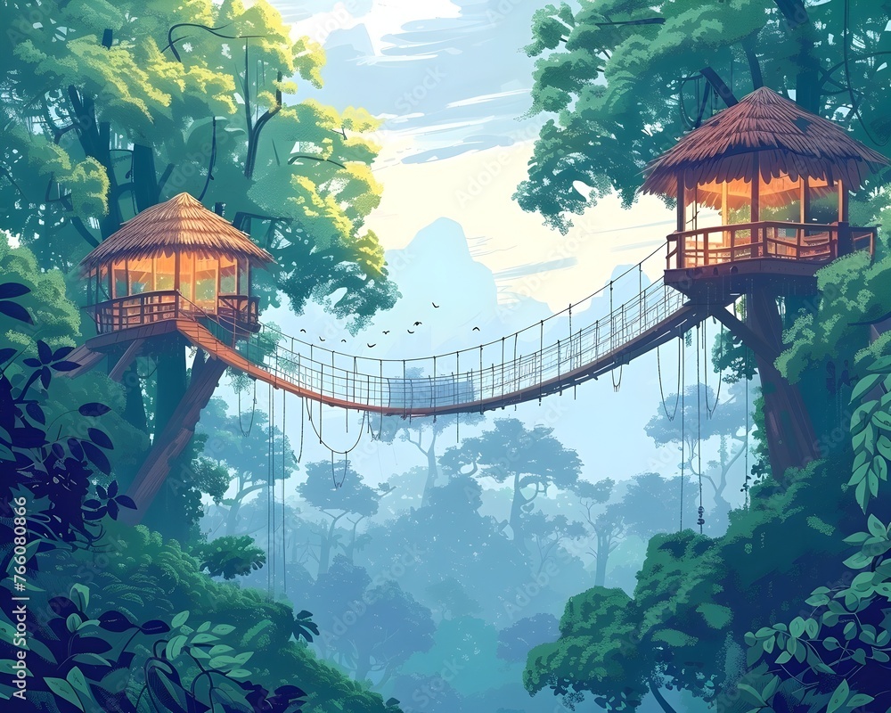 Fototapeta premium Eco-Friendly Canopy Walkways and Treehouses in a Lush Tropical Rainforest Landscape