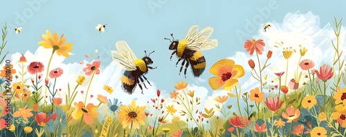 Busy bees pollinating flowers in an urban rooftop garden with vibrant colors and serene natural scenery photo