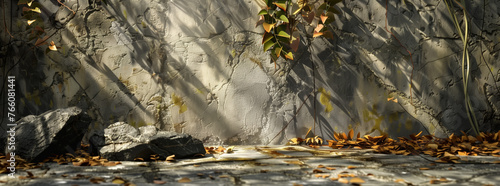 Forest background with rough stones and leaves.