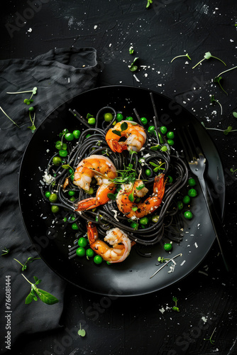 Black pasta with prawns and green peas was beautifully presented on a black plate and captured from above for Instagram food photography The dish was placed against a deep matte