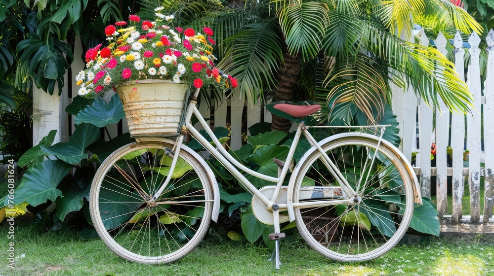 White vintage bicycle with colourful wheel and colourful flowers in the white pot in the basket on green grass with tropical palm leaves in the garden. Decoration in park with space, World Bicycle Day