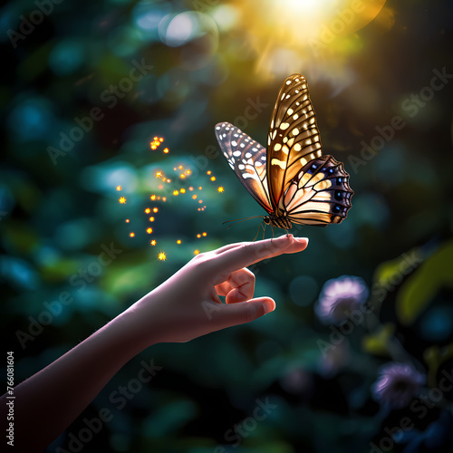 A childs hand reaching for a butterfly.