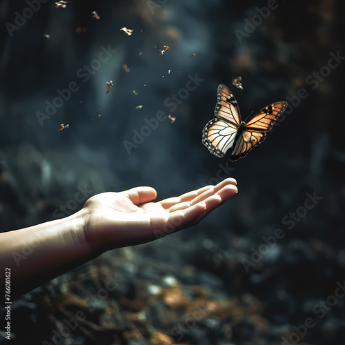 A childs hand reaching for a butterfly.