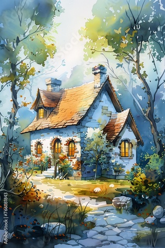 Wallpaper Mural house woods pathway leading portrait radiant morning light renaissance colored drawing computer Torontodigital.ca