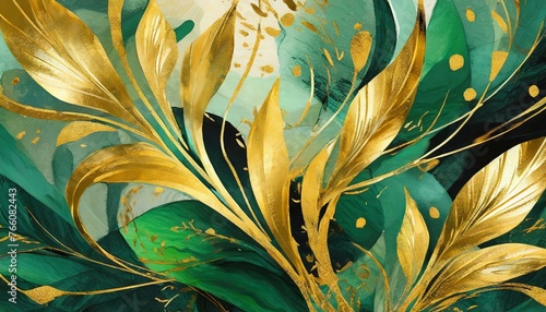 a dynamic abstract background showcasing a vibrant gold and green floral pattern, with bold brushstrokes and geometric elements adding depth and texture, ideal for contemporary art prints, trendy fash photo