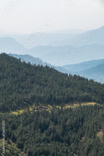 Forest and hills with misty mountains in background, Tara, Serbia © Brue