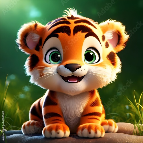 A cute smiling 3D cartoon tiger cub with sparkling eyes
