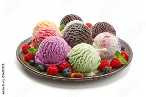 Assorted scoops of colorful ice cream with berries on a plate isolated on white background