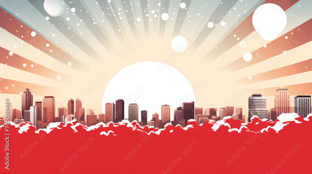Downtown cityscape with red white sun ray sun burst comic halftone retro design. Winter snow design. Valentine love and romance concept