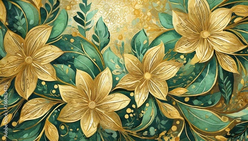 abstract floral background.a whimsical abstract background featuring playful gold and green floral elements arranged in a lively pattern  adding a touch of charm and cheerfulness to greeting cards  ch