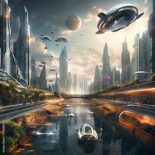 A futuristic cityscape with flying cars.