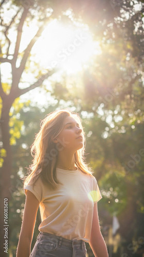 Young woman enjoying a walk in a city park, casual dress, warm sunlight streaming through the trees, contented expression on her face