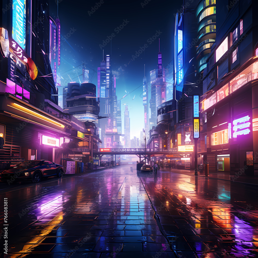 A futuristic cityscape with neon lights reflecting