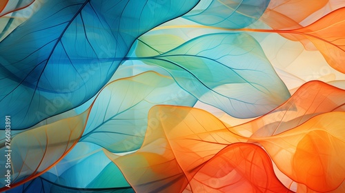Abstract interplay of fiery orange and cool aqua with layered, translucent planes suggesting leaves. perfect digital background for your desktop and laptop