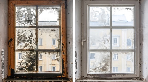 In regard image of a clean window with black mold and humidity from the interior of the house and space  Generative AI.