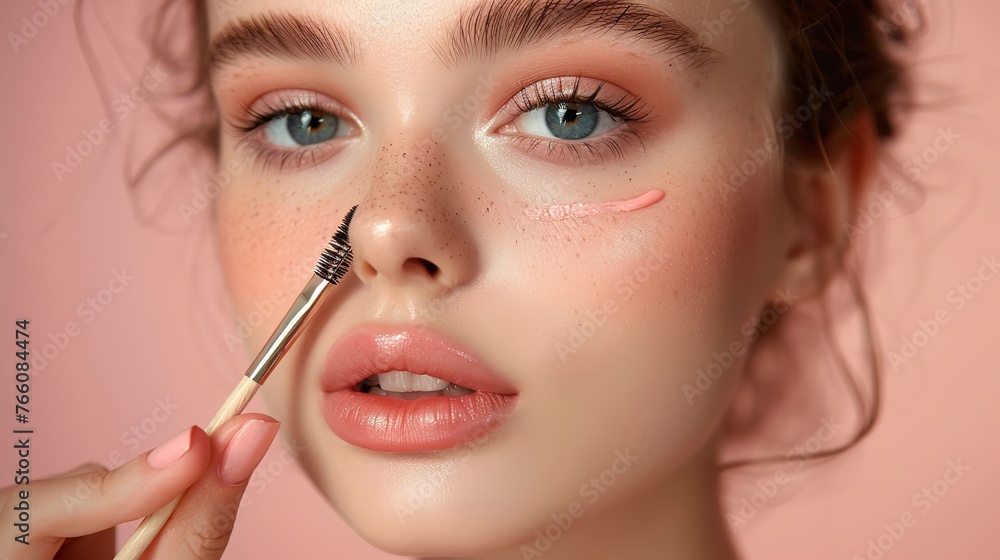 In-depth of a juvenile makeup artist doing expert makeup over a delicate face over a pastel-colored setting pinkish outcome and space, Generative AI.