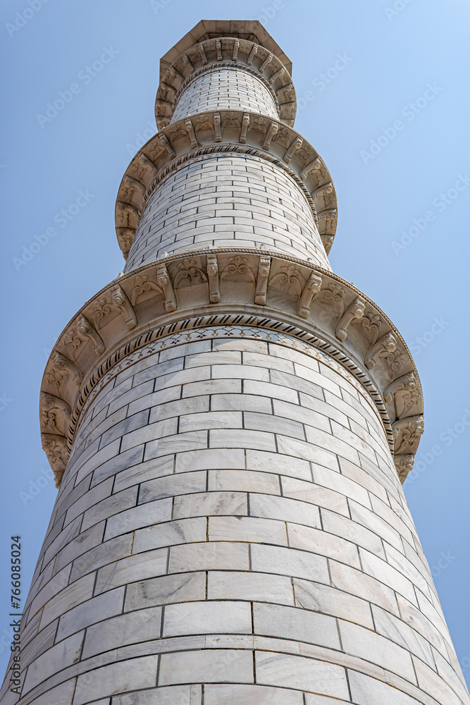 Low angle view of a side pillar of Taj Mahal, one of the New 7 Wonders of the World