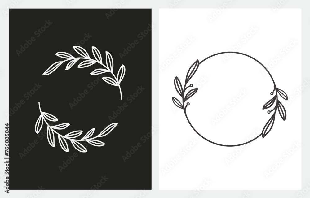 Vector floral logo template in elegant and minimal style with gold color on grey background illustration. Circle frames logos.