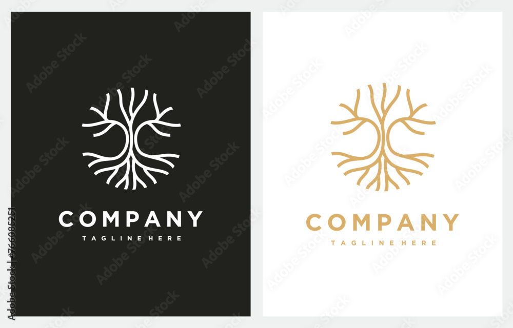 Circle Tree Roots Wood logo isolated on a gold background design inspiration Circle Tree Roots Wood logo isolated on a gold background design inspiration