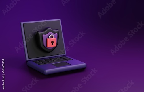 Digital Security with Laptop, Cybersecurity and Data Protection Computer. 3D render.
