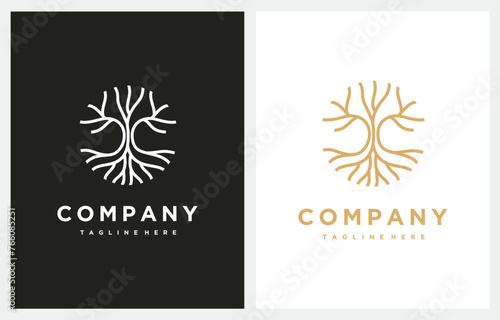 Circle Tree Roots Wood logo isolated on a gold background design inspiration