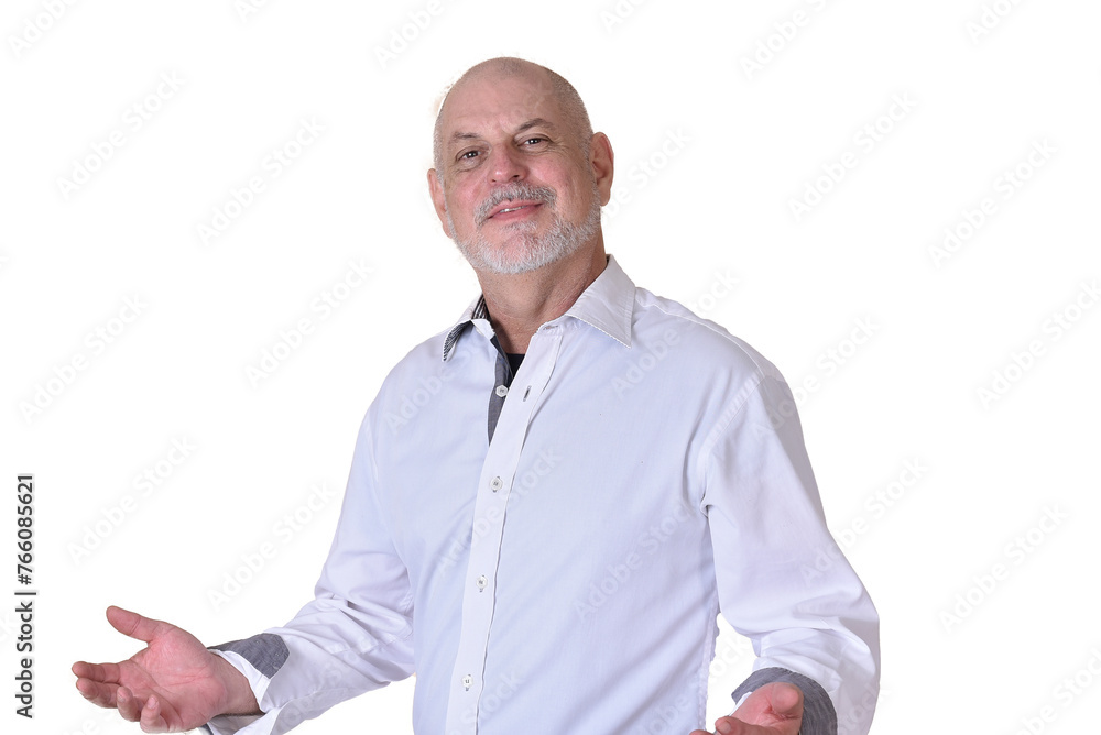 portrait of charming man in black and white shirt with gray beard and bald head portrait of charming man in black and white shirt with gray beard and bald head