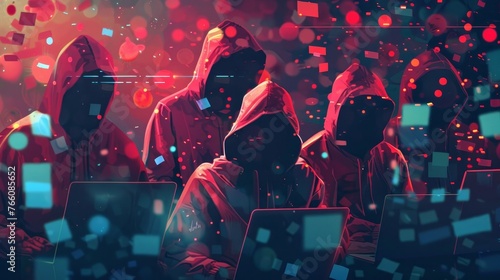 The image shows a group of hackers wearing red hoodies and using laptops. They are surrounded by photo