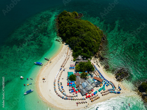 Aerial view drone shot of Amazing small island beautiful tropical sandy beach landscape view at koh Khai nai Island in Phang Nga Thailand