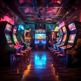 A retro arcade with classic video games and colorful screens