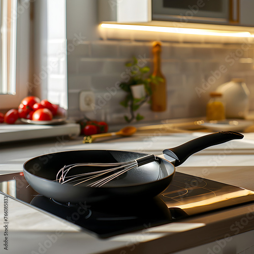 The composition of a frying pan and a whisk for whipping on the kitchen countertop.