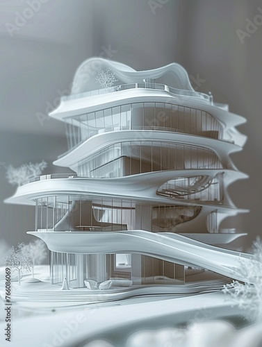 An architectural model blending distorted geometric shapes with sleek, curvilinear designs photo