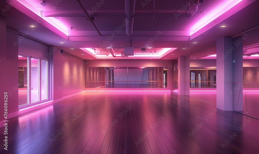 Modern architecture in a barren dancing studio adorned with opulent  spacious and space, Generative AI.